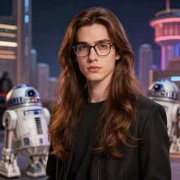 a full figure photo of a handsome guy with very long brownish! hair, with nerdy glasses in a star wars droid auction in coronet city, elegant, highly detailed, concept art, smooth, sharp focus, luminescent, artgerm, mucha