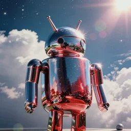 analog polaroid portrait of a chrome android, Hajime Sorayama, sheen, red reflections, unreal engine, azure sky, big clouds visible, sunlight, reflection, sparkles, space, stars, nebula, lensflare, film grain, depth of field, color bleed