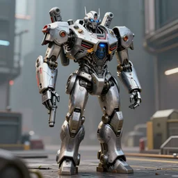 full view of a chappie - soundwave - robot hybrid, with robotech and gundum technology and guns, futuristic, walking in cybertron, cinematography by trent opaloch, deep depth field, masterpiece, featured on vimeo, featured on pixiv, cinematic composition, hyper - detailed, sharp focus - no blur, hd, hdr, 4 k, 8 k
