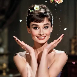 portrait of young audrey hepburn smiling with flowers raining over her. sharp focus, cinematic pose, cinematic lighting, unreal engine render. art by josan gonzales and moebius and deathburger.