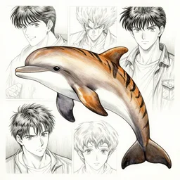 Furry dolphin with tiger stripes, pen and ink, intricate line drawings, by Yoshitaka Amano, Ruan Jia, Kentaro Miura, Artgerm, watercolor