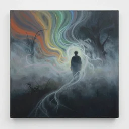 a colorful painting of tendrils of fog swirling around a man in a dark place