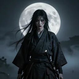 'a samurai! haunted by souls and ghosts with a big full moon on background , gloomy and foggy atmosphere, octane render, artstation trending, horror scene, highly detailded'
