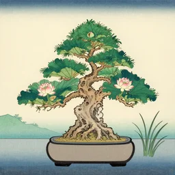 A simple bonsai, lotus flowers, lotus leaves, and slender grass, the background is a landscape, Japanese Ukiyo-e style, by Hiroshi Yoshida