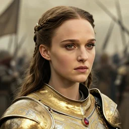 head and shoulders portrait of a female knight, young natalie portman, golden etched armor, lord of the rings, celtic hair braid, eldritch ruby amulet, medieval battlefield, by artgerm, alphonse mucha, face detail, sharp focus, high key lighting, vogue fashion photo