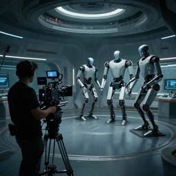 vfx film, behind the scenes, on location, set design, making of, big film production, cinematographer filming futuristic tesla humanoid robots, high tech space ship interior, flat color profile low - key lighting award winning photography arri alexa cinematography, hyper real photorealistic cinematic, atmospheric cool colorgrade