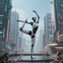 a robot doing yoga in a future city, highly detailed, fantasy art