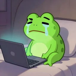 peepo the frog, crying!! on bed with laptop, in the style of lo-fi, dramatic,