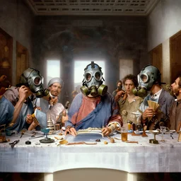 the last supper in gas masks, hyperrealistic, volumetric golden dappled dynamic lighting, highly detailed, sharp focus, by michael komarck, artgerm