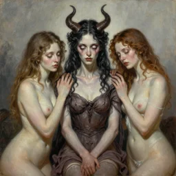 a horrific demonic portrait of Satan and his concubines , white eyes, bored, illustration, soft lighting, soft details, painting oil on canvas by Edmund Blair Leighton and Charlie Bowater octane render, HDR, trending on artstation, 4k, 8k, HD