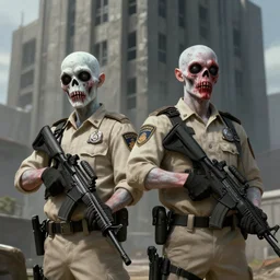 pale zombie security guard officers in beige uniform with background burtalist concrete building by greg rutkowski trending on artstation digital painting highly detailed bleeding 4 k 8 k hd holding bullpup