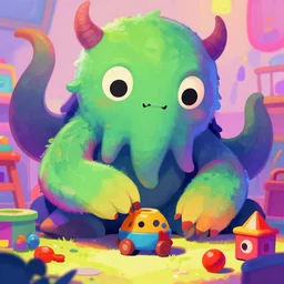 a close up illustration of cthulhu as a cute kindergarten age monster playing with toys by artist jess bradley, concept art, digital art, gaudy colors
