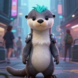a cute male gray otter fursona with turquoise hair orange nose white tummy fur wearing tight futuristic clothes in the streets of cyberpunk city, fantasy, 8 k resolution, hyper detailed, d & d, character design, digital painting, trending on artstation, sharp focus, illustration, art by artgerm, steve zheng, fuji choko, viktoria gavrilenko, hoang lap
