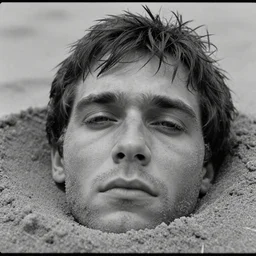 1 9 6 0 s movie still close up of regulus'face with the eyes sew wide open, his body buried in the sand, cinestill 8 0 0 t 3 5 mm b & w, high quality, heavy grain, high detail, texture, dramatic light, anamorphic, hyperrealistic, detailed hair