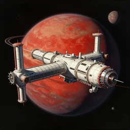 a Space Station orbiting a red planet, sci-fi, space station, retrofuturism, vintage, art by Vincent Di Fate, Vincent Di Fate, 8K