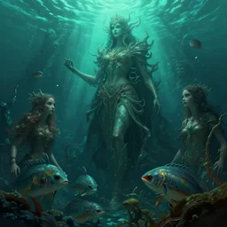epic professional digital art of aquatic life, ambient teal light, painted, mysterious, closeup cinematic aquatic scene, eerie, mythic, detailed, intricate, grand, leesha hannigan, wayne haag, reyna rochin, ignacio fernandez rios, mark ryden, van herpen, artstation, cgsociety, epic, stunning, gorgeous, wow wow detail