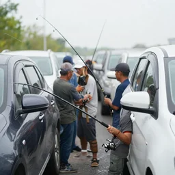 closeup portrait of a group of fishermen trying to fish with fishing rods in between car traffic in rainy new york street, by David Lazar, natural light, detailed face, CANON Eos C300, ƒ1.8, 35mm, 8K, medium-format print