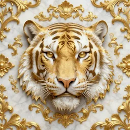beautiful portrait of a large ornate and intricate rococo carved marble and gold tiger face, 3 d, hyper detailed, gold plated on white marble, wallpaper pattern