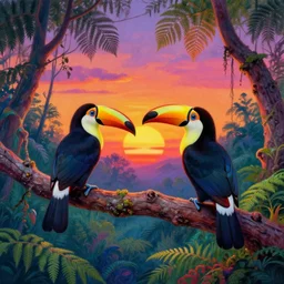 a beautiful pair of colorful toucan birds sitting on a tree watching the sunset by henri rousseau, sunset, colorful glowing fern forest, 4 k, hyper detailed, distant, psychedelic art, acid pixie