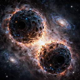 black holes colliding, galaxy cosmic nebula, epic, volumetric light, hyperrealistic, glitter, mega detailed, beautiful composition, beautiful lighting, unreal render, 4 k, vincent di fate, john berkey, michael whelan