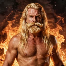 blond long hair and blond moustache wrestler, photorealistic, ring of fire, painted by simon bisley