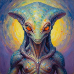 perfectly centered portrait, front view of a reptilian alien, ascended master, intense stare, transcendental, symmetrical, concept art, intricate detail, volumetric shadows and lighting, beautiful colors, vibrant, realistic oil painting by gustave dore and alex grey,