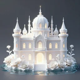 magic palace, flowers, white, luminous water, magic, realism, redshift rendering, blender, super detail, lifelike, 8 k, masterpiece, functional, art station, extreme long shot, by john frederick kensett