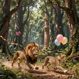 lion and cheetah run through the ancient forest with a birthday ribbons and balloons , concept art, huge scale, high details  by Evgeniy Antonenkov