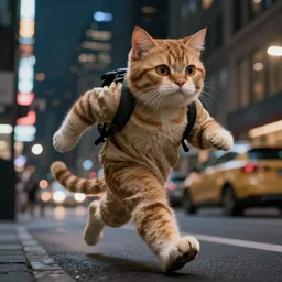hyperrealistic hyper detailed choonky catman running through the city at night graphic novel concept art pascal blanche sharp cinematic lighting 8k low angle shallow depth of field