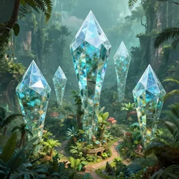 long and tall fractal diamond crystal glass houses, village, jungle, artstation, digital art