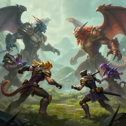 hyperrealism fantasy creatures fight scene with characters from league of legends portrait, digital art, wallpaper of an fantasy fight, background of hills in fog, 8 k, sharp, trending dop hdr