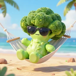 a cute and friendly broccoli - creature with sunglasses on his broccoli head relaxing on a hammock on a beautiful beach, fantasy style, 4 k, octan render, ultrarealistic