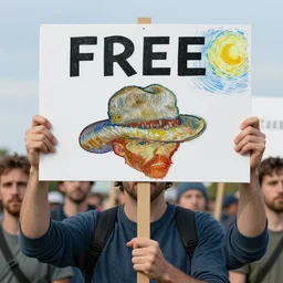 protesters holding a sign that says free hat in the style of van gogh