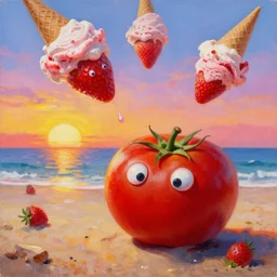 a funny detailed high resolution oil painting with rough old brush of a lazy red burning tomato with many googly eyes on a beach to hot for the sun, big piles of strawberry icecream in cones falling from the sky on a sunset by james jean