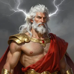 painted portrait of rugged zeus, god of thunder, greek god, white hair, masculine, mature, handsome, upper body, red and gold, muscular, hairy torso, fantasy, intricate, elegant, highly detailed, digital painting, artstation, concept art, smooth, sharp focus, illustration, art by ismail inceoglu, filip hodas, and pixar.