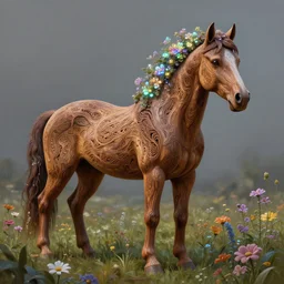 a stunning digital painting of a horse made of intricately engraved gnarled wood with a mane of bioluminescent flowers standing in a field of flowers by greg rutkowski, flowercore, volumetric light, digital art, fine detail, photorealistic