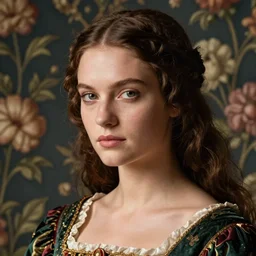 close - up portrait of beautiful model in renaissance dress, background with flowered wallpaper, art by steven meisel