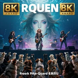 rock band queen giving concert underwater with audience full of dogs, hyperrealistic portrait, fantasy art, photo realistic, dynamic lighting, artstation, poster, volumetric lighting, very detailed face, 8 k, award winning