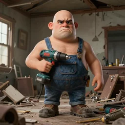 grumpy chunky bald handyman with power drill body appendages, in a wrecked home, full body, hyperrealistic digital art masterpiece, highly detailed neo pop surrealism, jason limon kay sage hannah yata, dramatic lighting, low angle, uhd 8 k, sharp focus