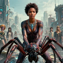 realistic detailed photorealistic closeup portrait movie shot of a beautiful black woman riding a giant spider, dystopian city landscape background by denis villeneuve, amano, yves tanguy, alphonse mucha, ernst haeckel, edward robert hughes, roger dean, cyber necklace, rich moody colours, sci fi patterns, wide angle