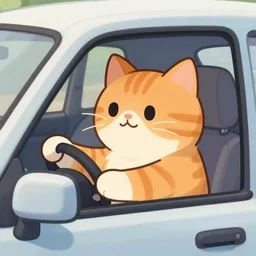 an anthropomorphic orange tabby cat driving a car