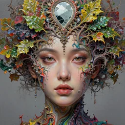 face closeup of beautiful fractal tree in intricate detailed color smashing fluid oilpaint, 3 d render, hyper realistic detailed portrait, color leaves, melting wax, ornate headpiece, broken mirror, fluid acrilic, thin fractal tendrils, ruan jia, wlop. scifi, fantasy, hyper detailed, octane render, concept art, by peter mohrbacher, by wlop, by