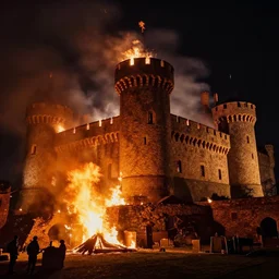 the medieval castle caught fire at night