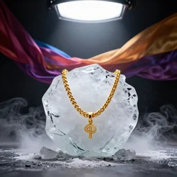 gold jewellery encased in fractured ice, studio lighting, area light from above, colored silk sheets flowing in wind, smoke and dust