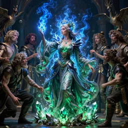 the female arcanist and the male artificer by zacharias aagaard and albert bierstadt and brom and zdzisław beksinski and william blake and wayne barlowe and jean delville, beautiful, flowing magical robe, highly detailed, hyperrealistic, intricate, energy, electricity, blue flame, low light, green crystal, high contrast, submission