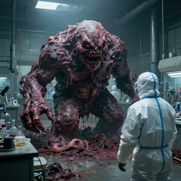 a huge horrific blobby flesh creature grows out of control in a grungy science lab, horror movie scene, a man in a hazmat suit watches helplessly