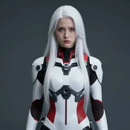 portrait of a woman by ayami kojima, she is about 2 0 years old, white long straight hair, slavic features, very tall and slender, sad expression, wearing a futuristic tactical gear colored in white and red, sharp focus, cinematic lighting, artstation hq.