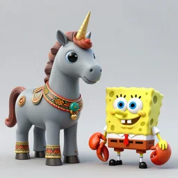 a gray unicorn alien and a robotic crab, with african decoration and a spongebob puppet, highly detailed, concept art, art by wlop and artgerm and greg rutkowski, masterpiece, trending on artstation, 8 k