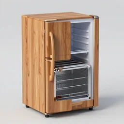 a refrigerator that doubles as a toaster, it is made of wood and is not powered. cinema 4 d render