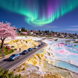 advanced cyberpunk town with expensive cars on city and pedestrians biking along pamukkale flowing down gold travertine terraces in royal blue antelope canyon during sakura season on an interstellar aurora borealis, pink waterfalls, lush chic garden, by peter mohrbacher, james jean, james gilleard, greg rutkowski, vincent di fate, rule of thirds, octane render, beautiful landscape